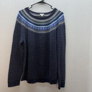 Talbots Nordic Winter Fair Isle Yoke Sweater Blue White XL Cotton Boat Neck